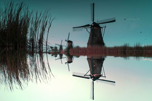 Reflection of mills in water-Netherlands