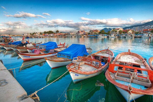 Mooring with boats in the city bay