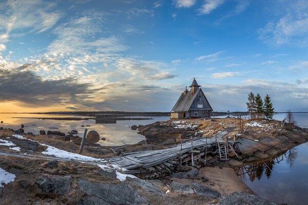 Landscape. house in the north by the river