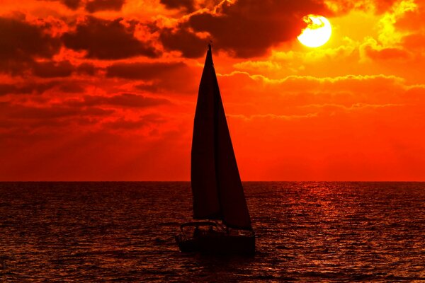 Seascape at sunset with a sailboat