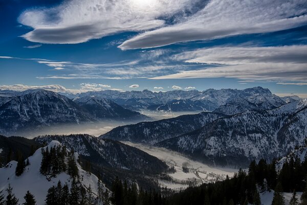 Distant winter valley in the mountains