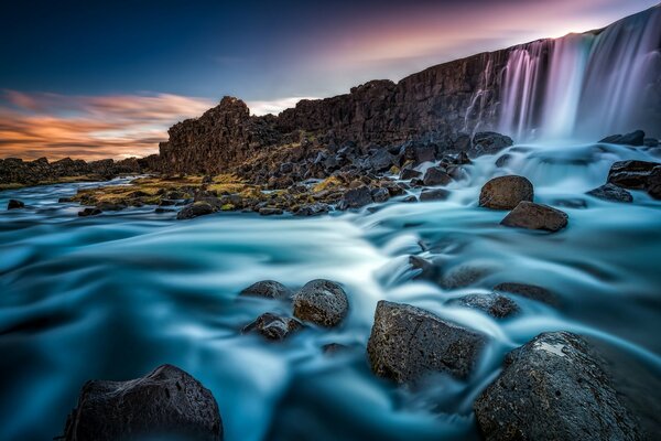 The beauty of the bubbling Icelandic waterfall