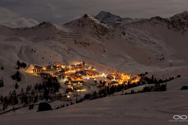 Resort at night lights of the mountain