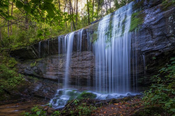 Schöner Wasserfall. Felsen und Wald