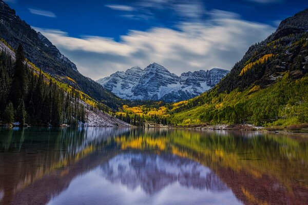 Paisaje. lago de montaña con reflejo de bosque