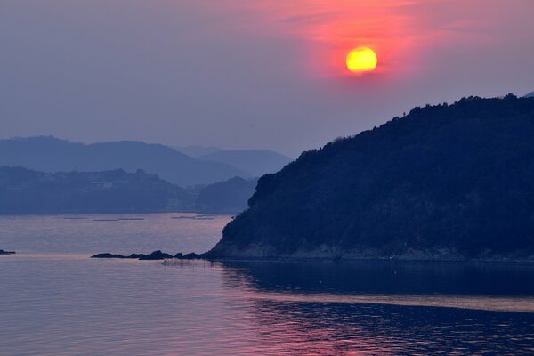 Sea and mountains of Japan at sunset