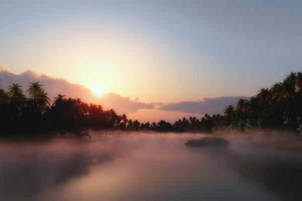 Naturaleza. Niebla de la mañana sobre el río