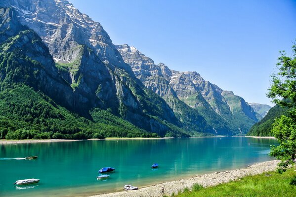 Barche a vela sul lago vicino alle montagne della Svizzera