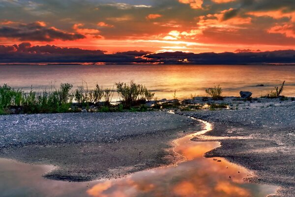 Wonderful sunset among the lake