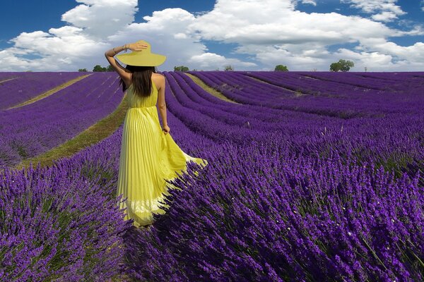 Chica en un vestido amarillo en un campo de lavanda