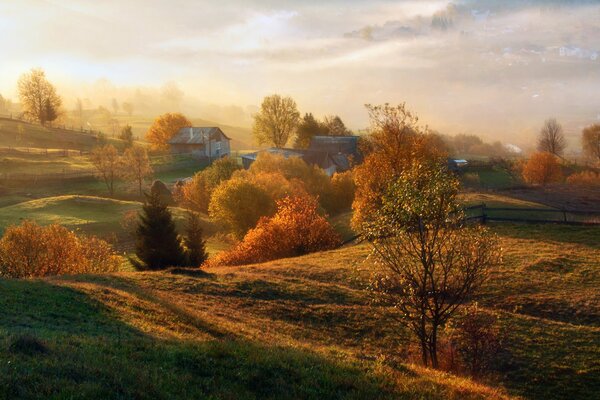 Herbstfelder und Gemüsegärten mit Häusern