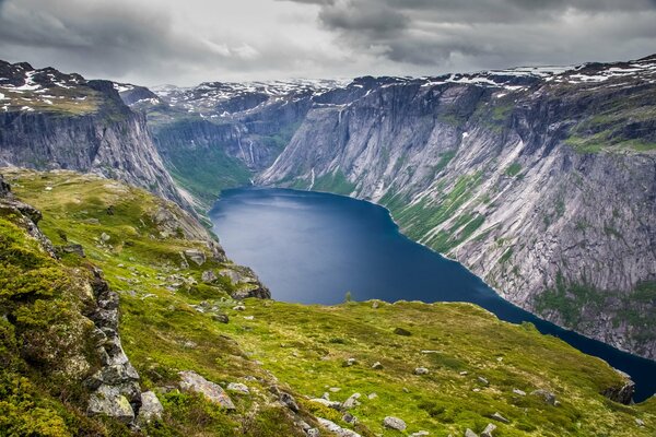 Lago en medio de las montañas bajo el cielo gris