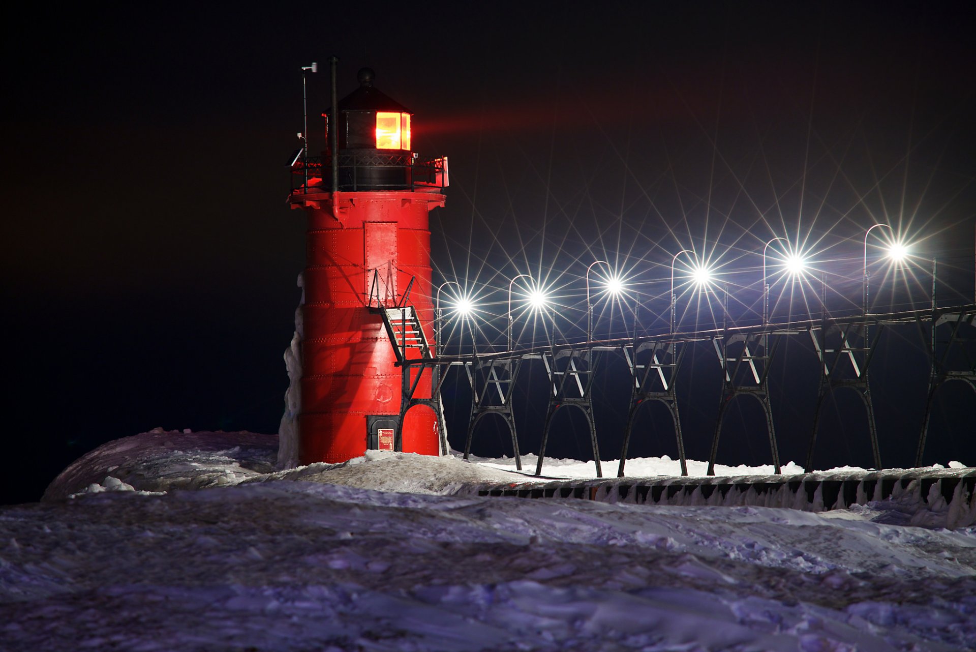 lighthouse night lamps snow winter