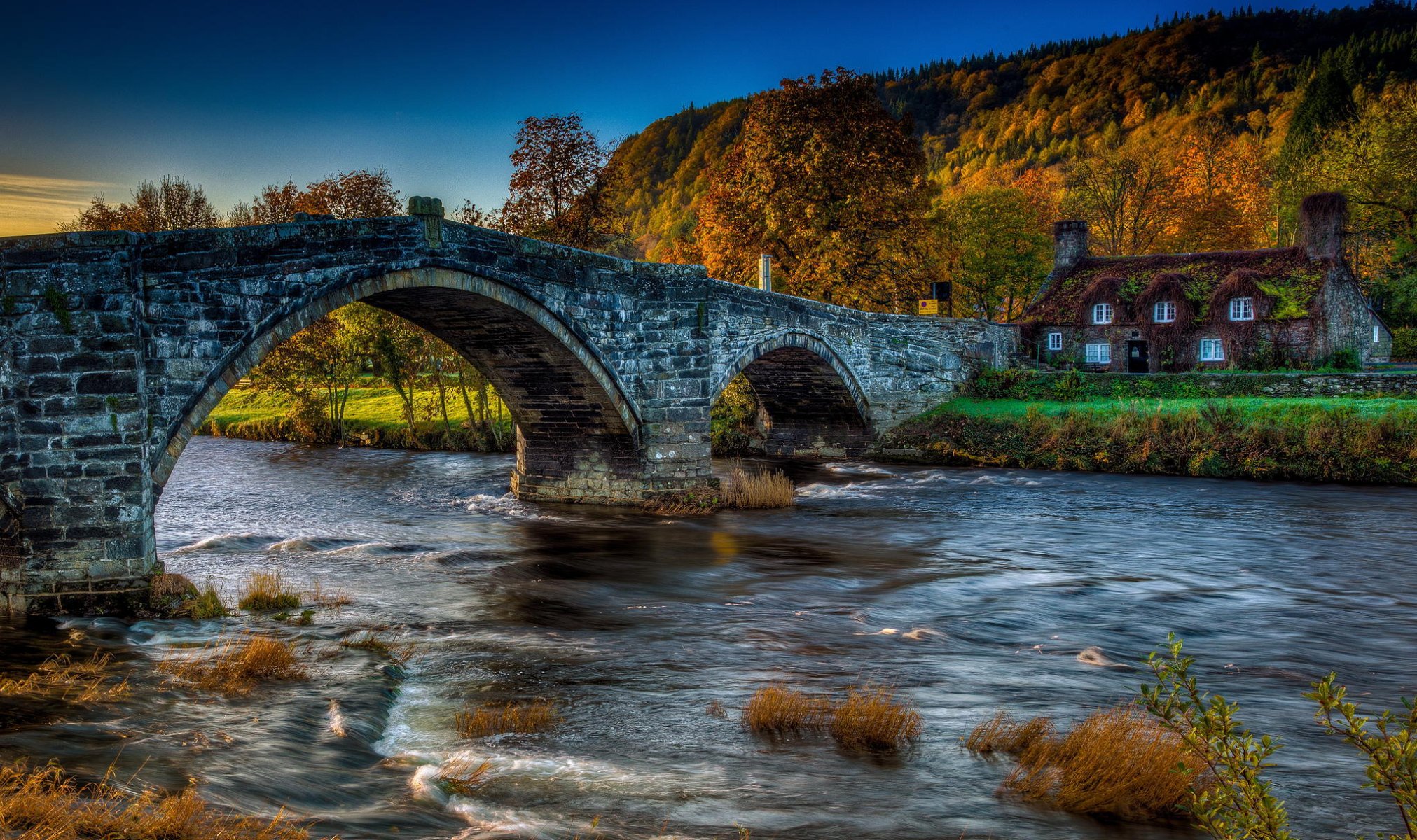 nature house bridge river autumn forest