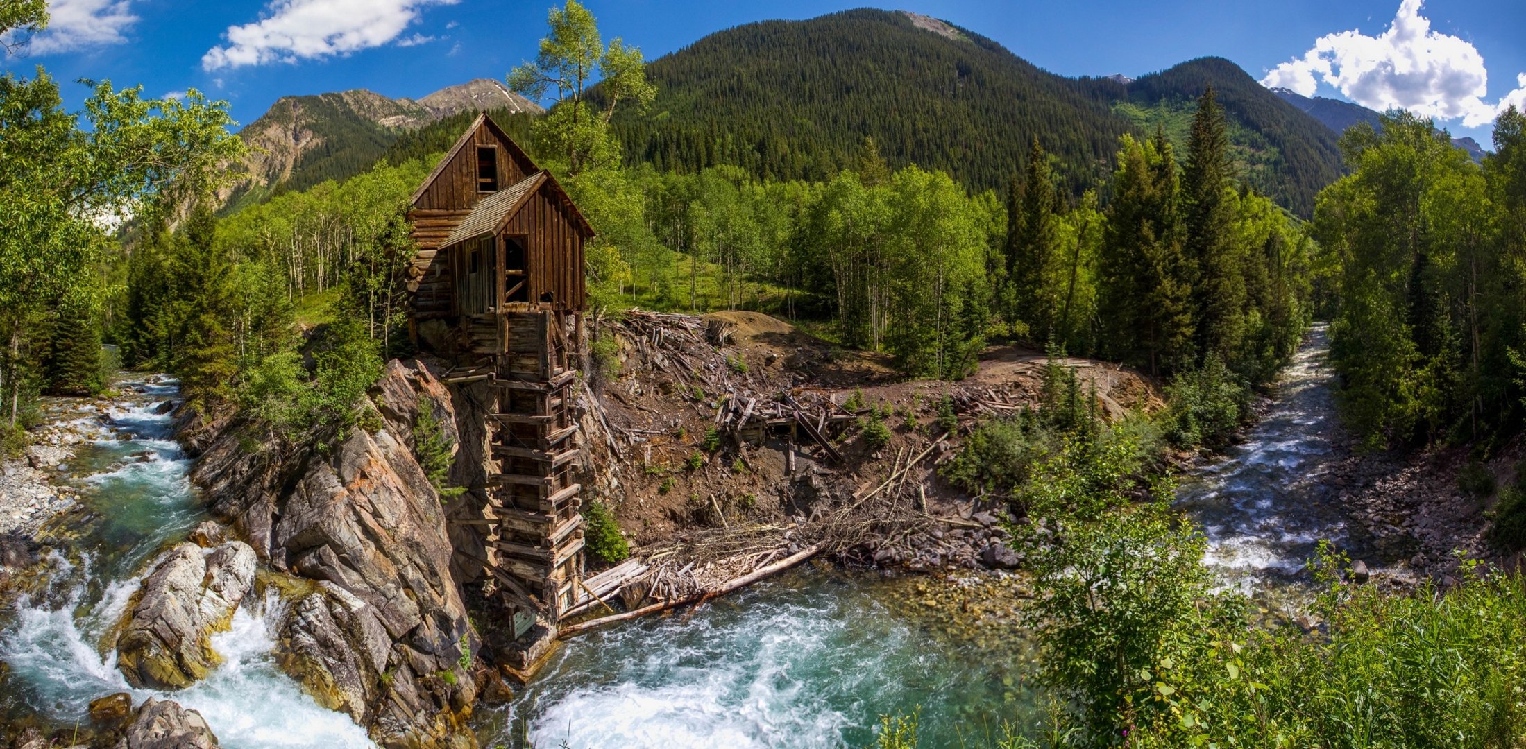 кристалл мельница кристалл колорадо crystal river кристал водяная мельница река лес деревья горы панорама