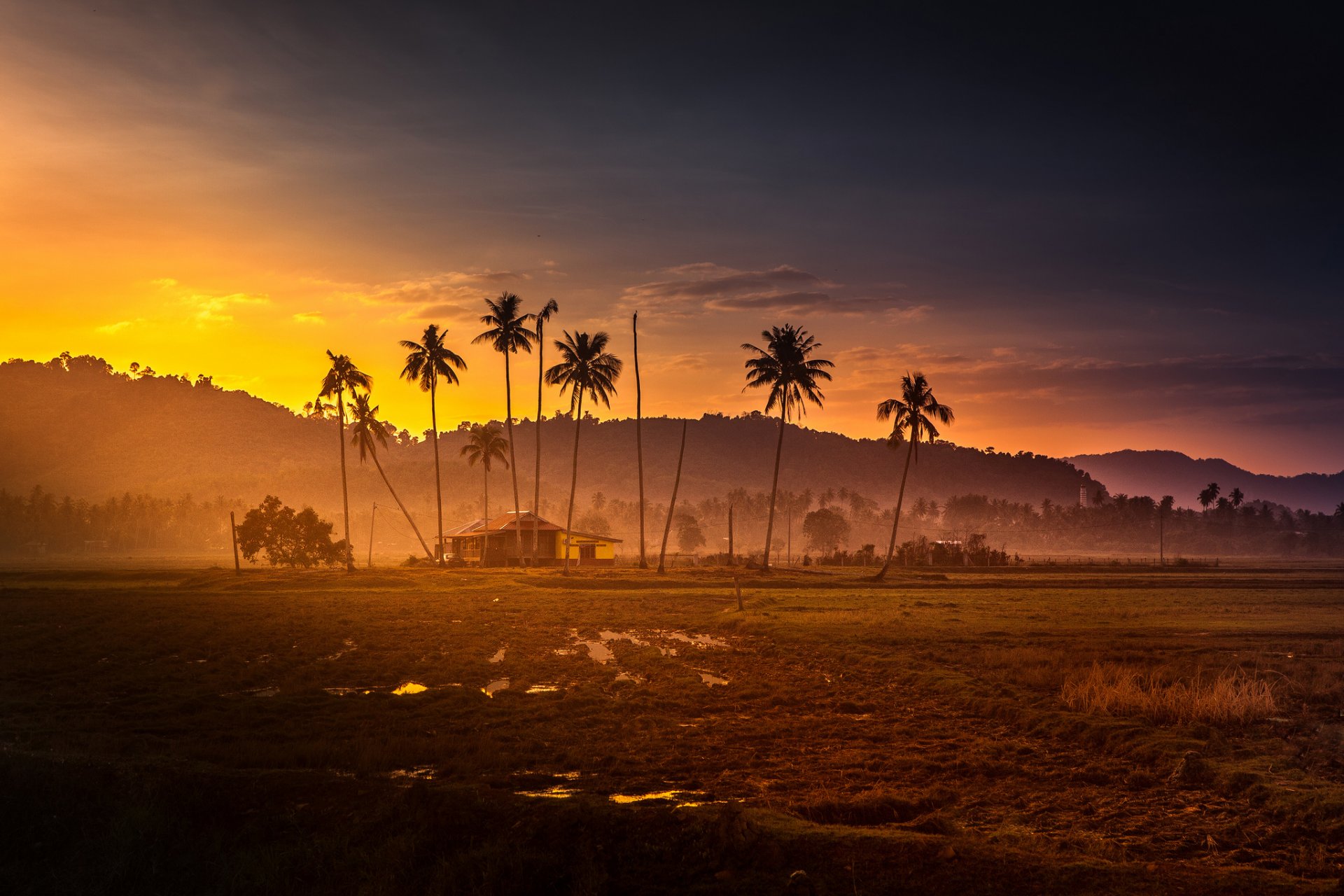 malaysia sonnenuntergang hütte palmen dschungel berge