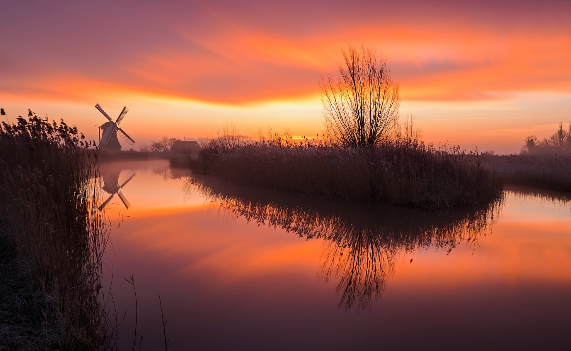 fluss sonnenaufgang nebel mühle