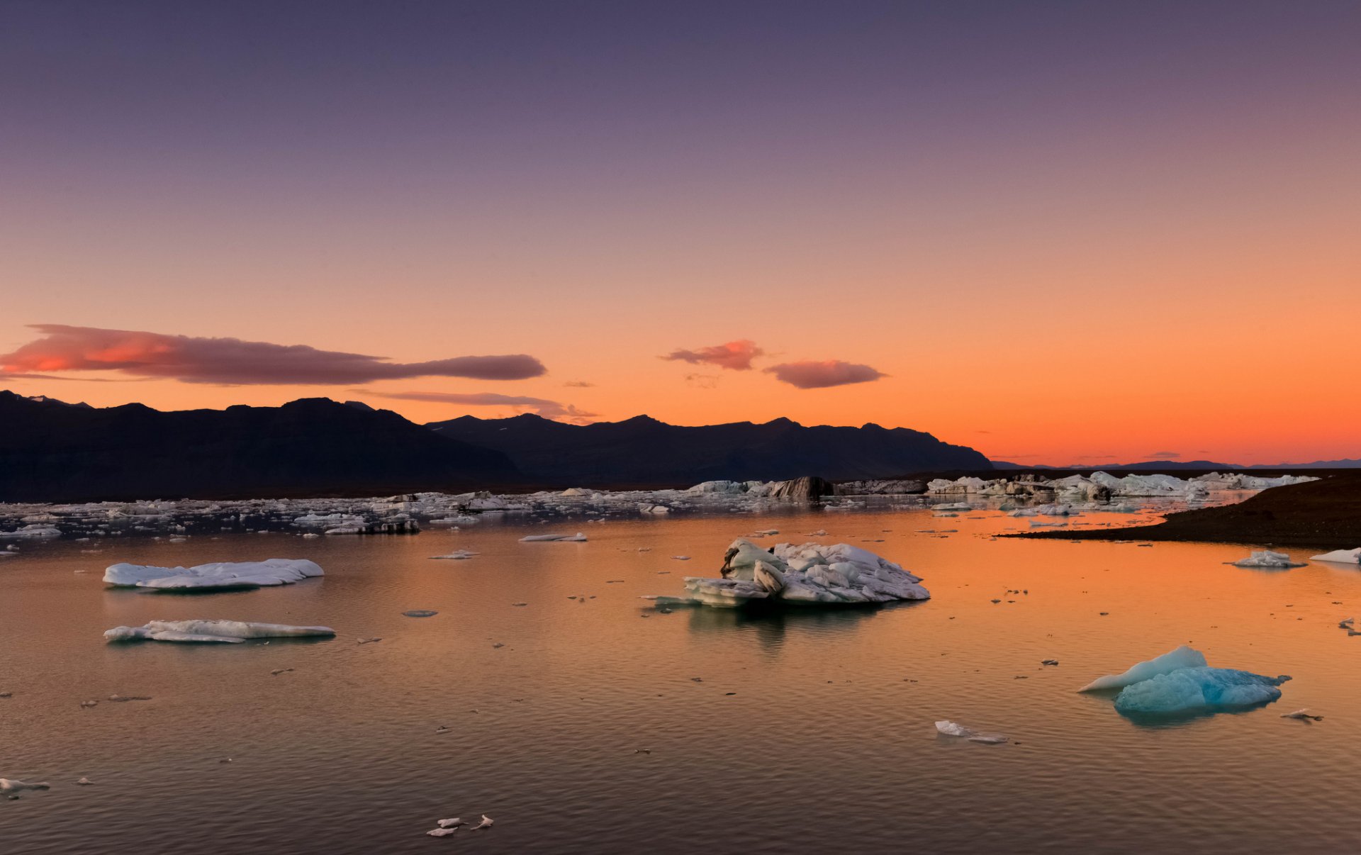 iceland mountain gulf ice floes morning dawn