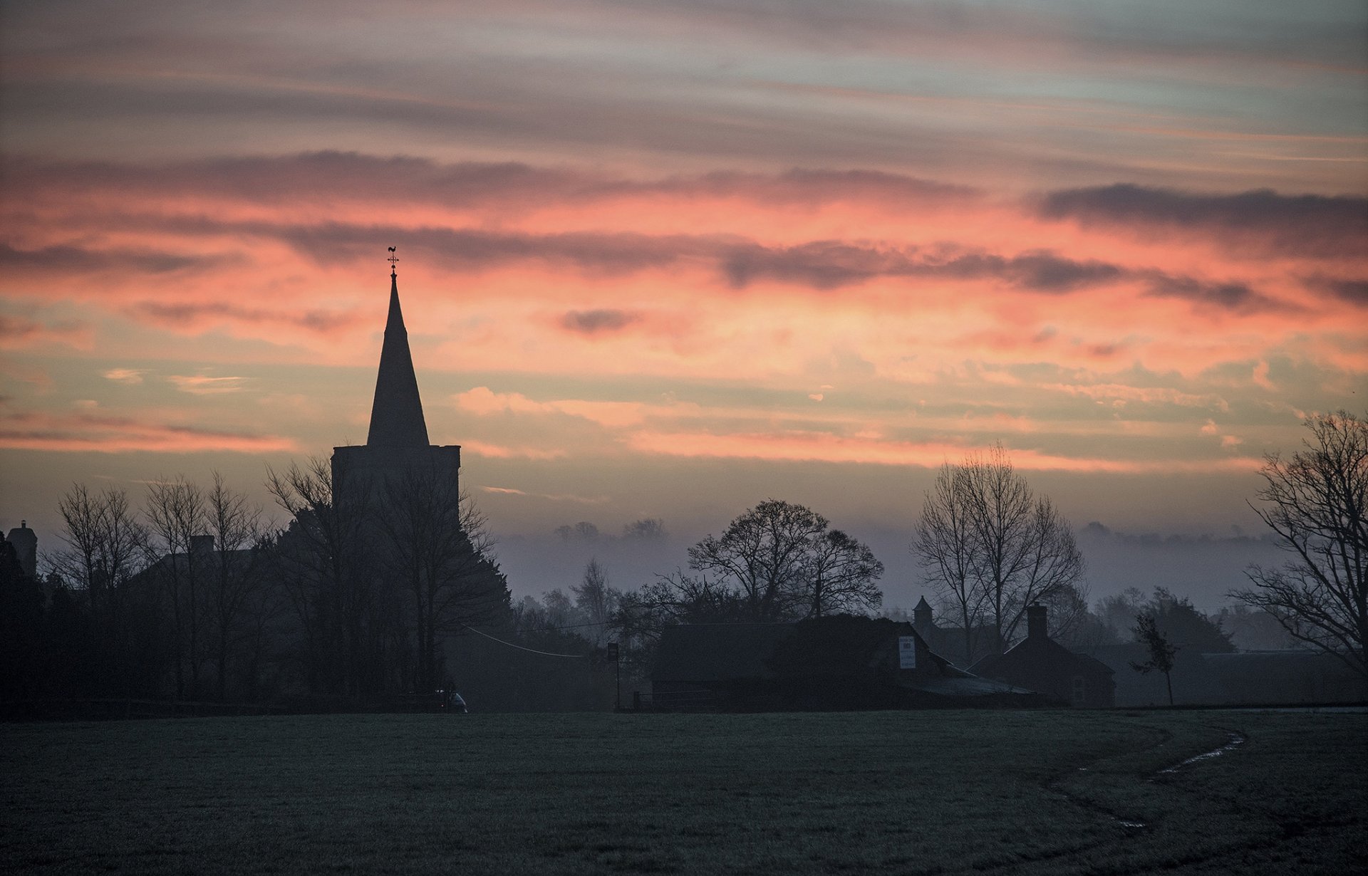 morgen morgendämmerung himmel wolken lichtung dorf bäume kirche tempel natur