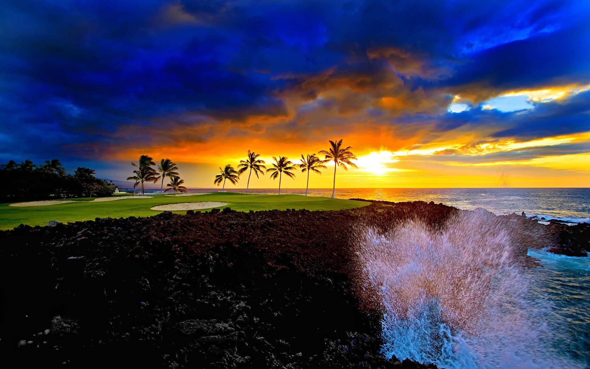 beach palm ocean sky horizon clouds waves spray dawn sunset