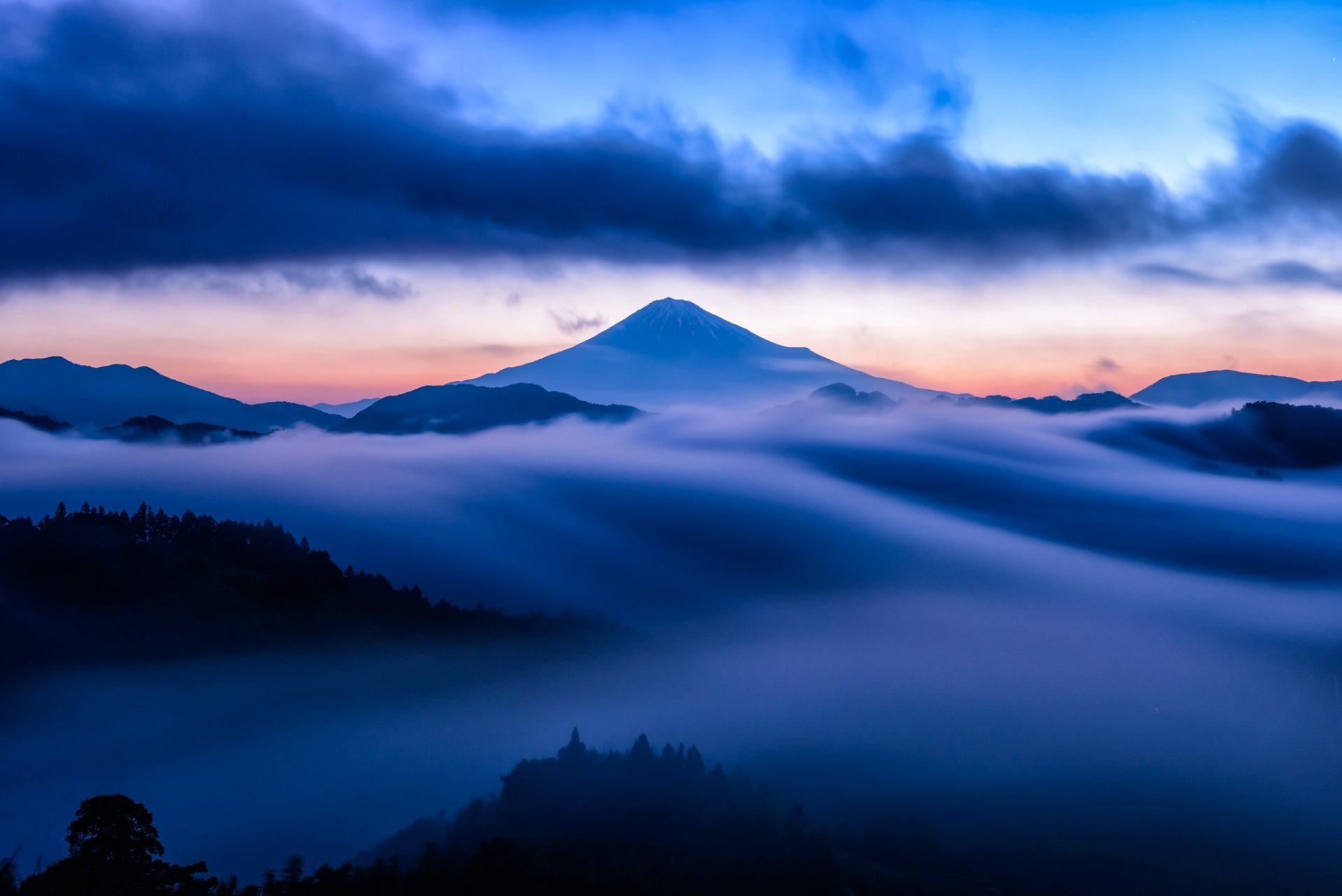 mountain mist sky clouds snow blue sunset summit volcano fog