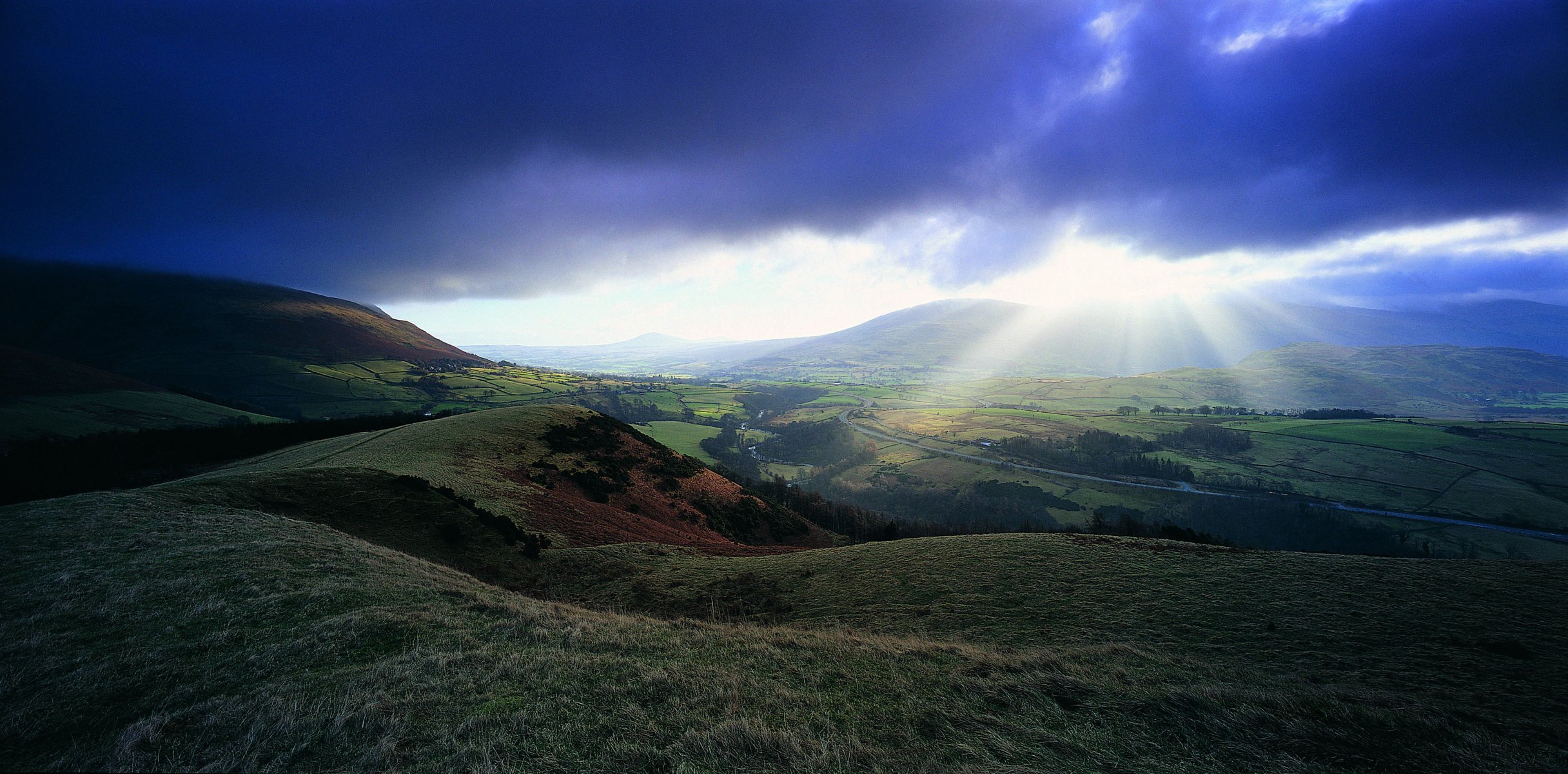 hills valley horizon river sky clouds sun ray