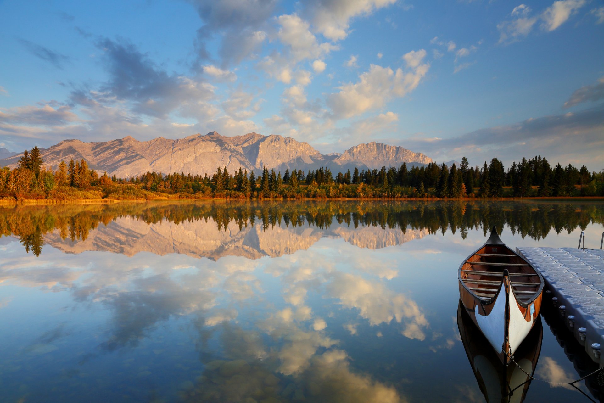 mountain forest lake wharf boat reflection