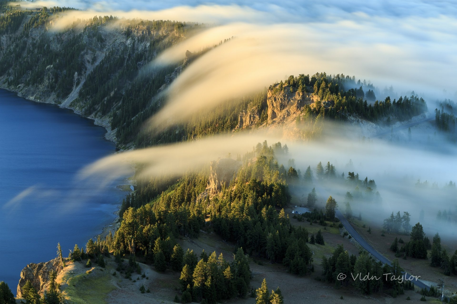 lake morning fog forest nature