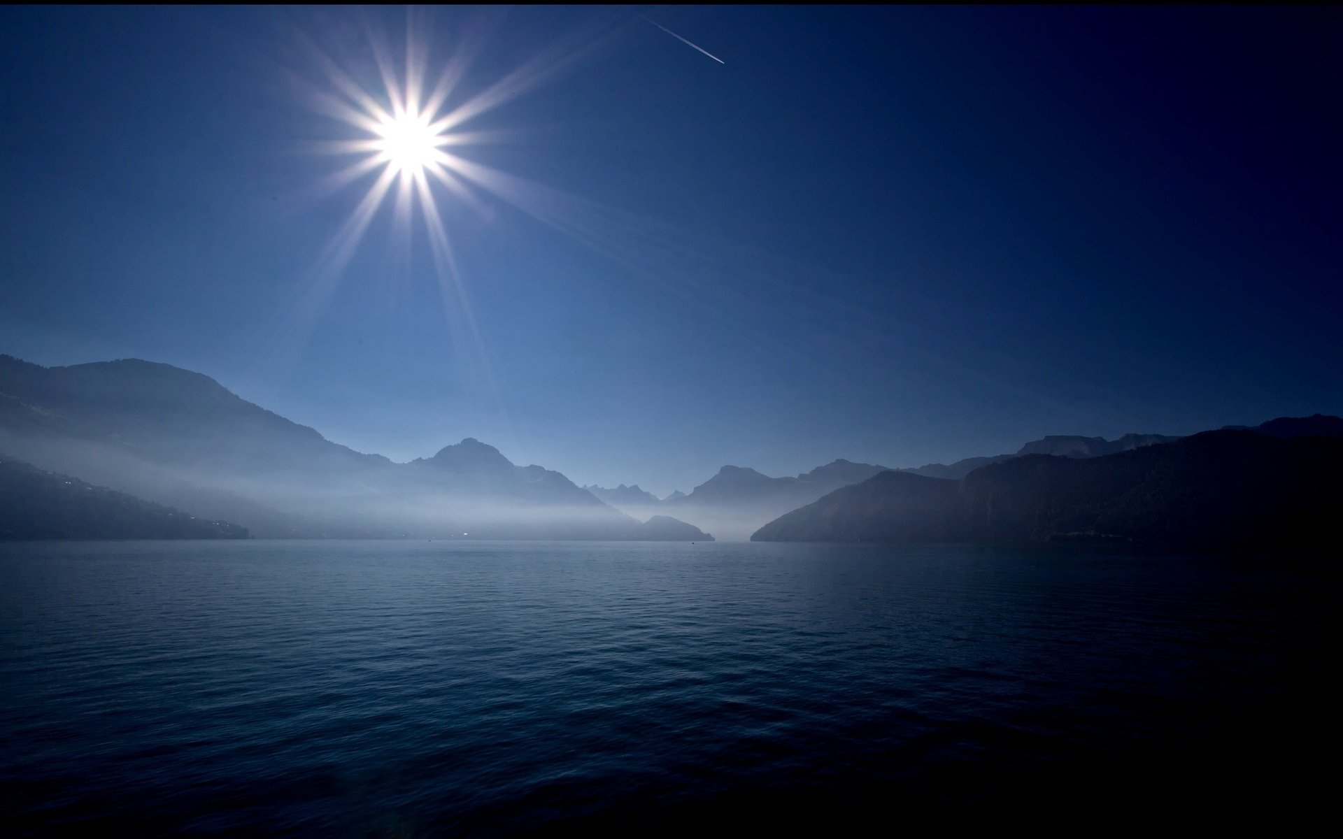 paesaggio sera notte montagna mare acqua fiume oceano stella raggi colline cielo sfondo carta da parati widescreen schermo intero widescreen widescreen