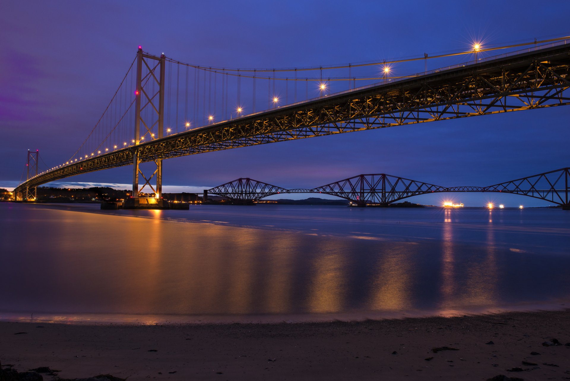 united kingdom scotland fort bridge river bridge lights lighting night blue purple sky