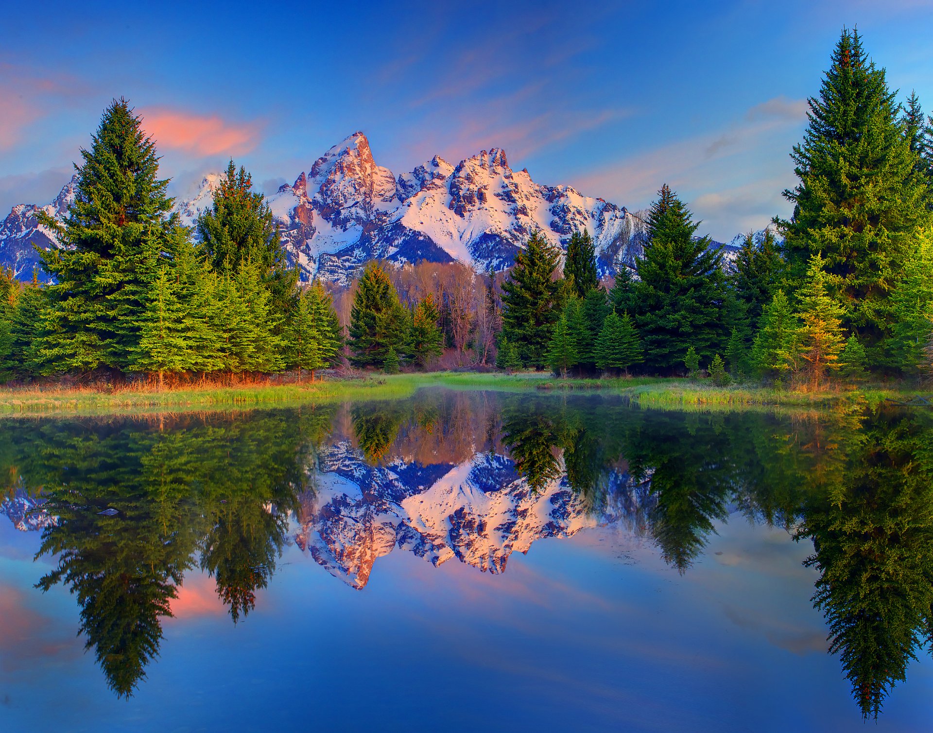 grand teton national park wyoming usa bäume berge see schnee reflexion tanne himmel wolken