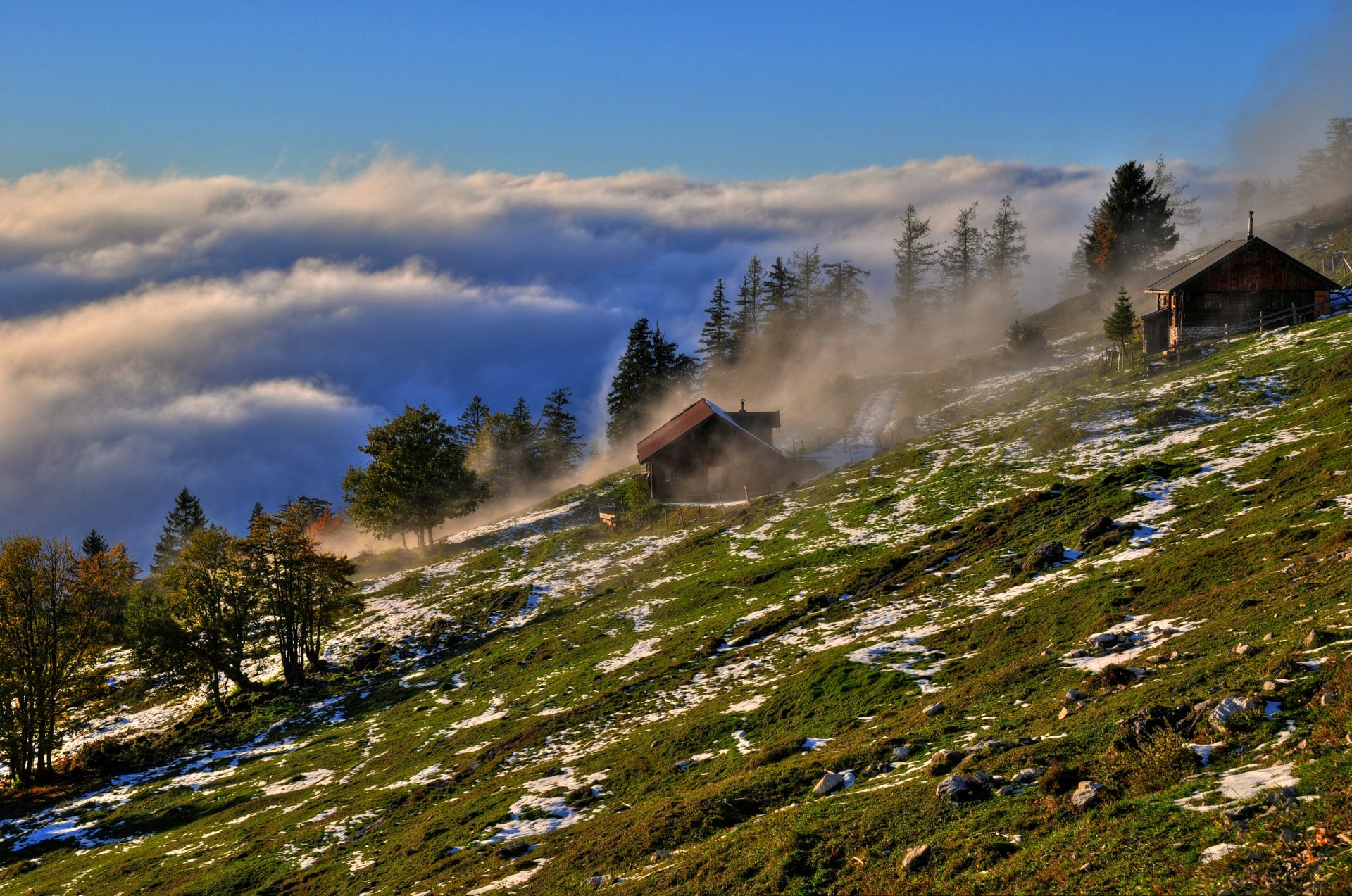 ochsenberg salzbourg autriche ciel nuages brouillard montagnes pente arbres herbe maison pierres