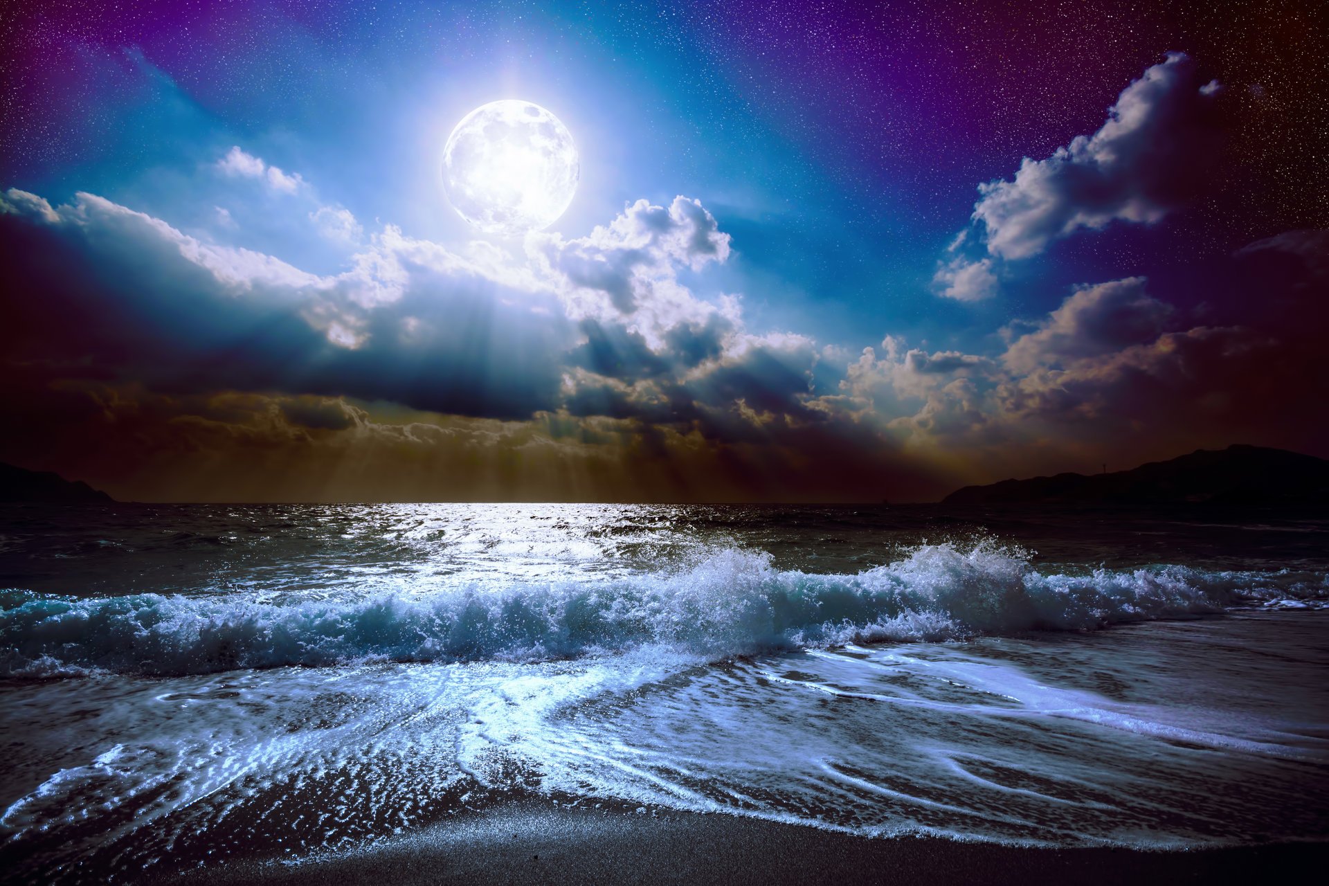 moonlight moon night midnight nature landscape clouds full moon sky sea ocean waves beautiful nature