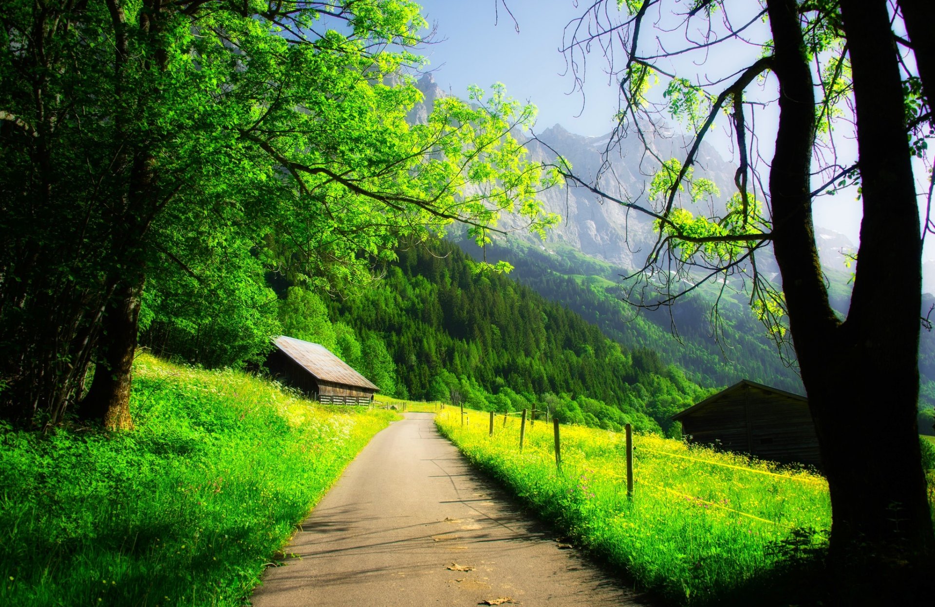 natur frühling berg haus rock himmel wolken wald bäume straße zu fuß frühling berge rock