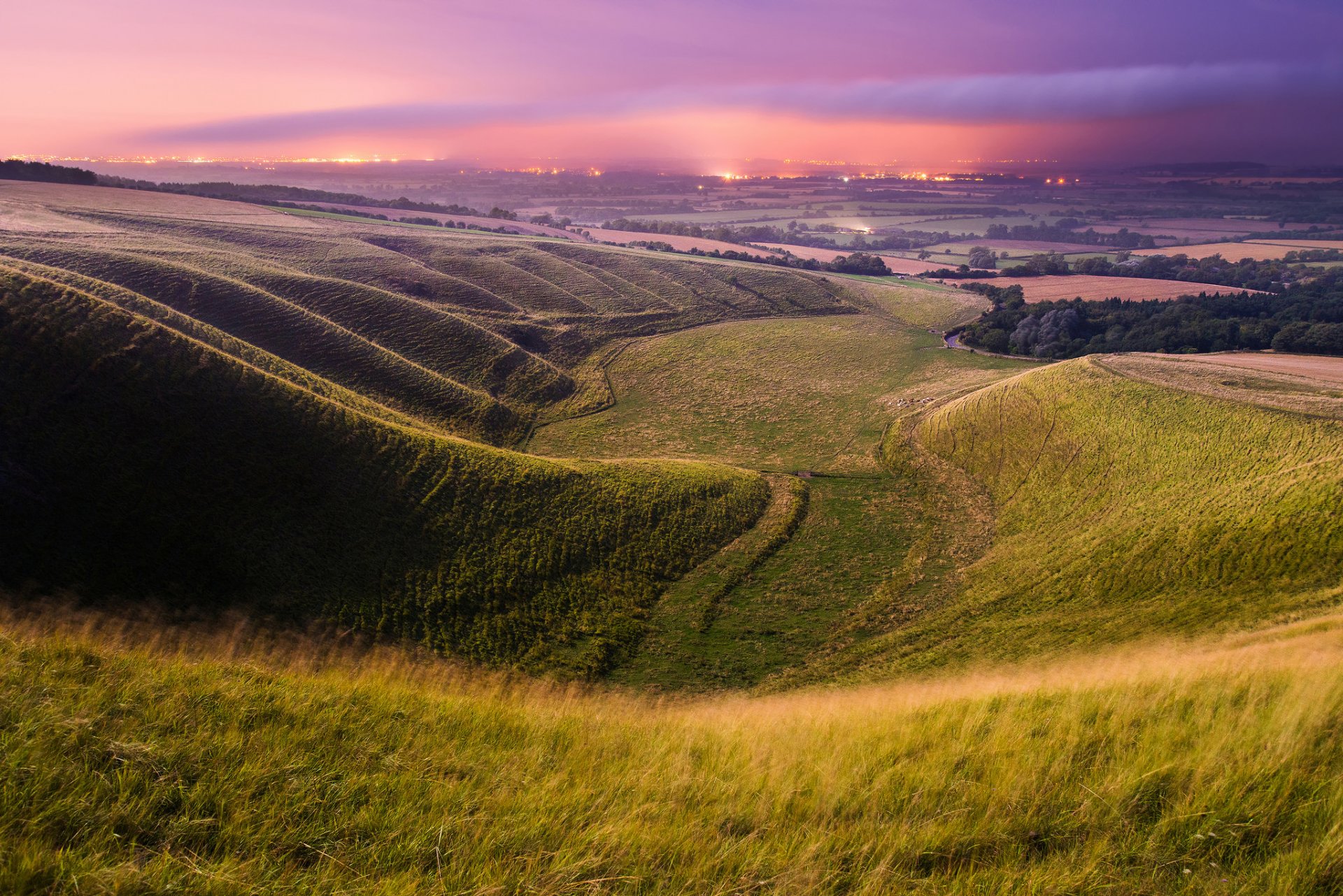 inglaterra reino unido valle campos cielo noche luces verano agosto