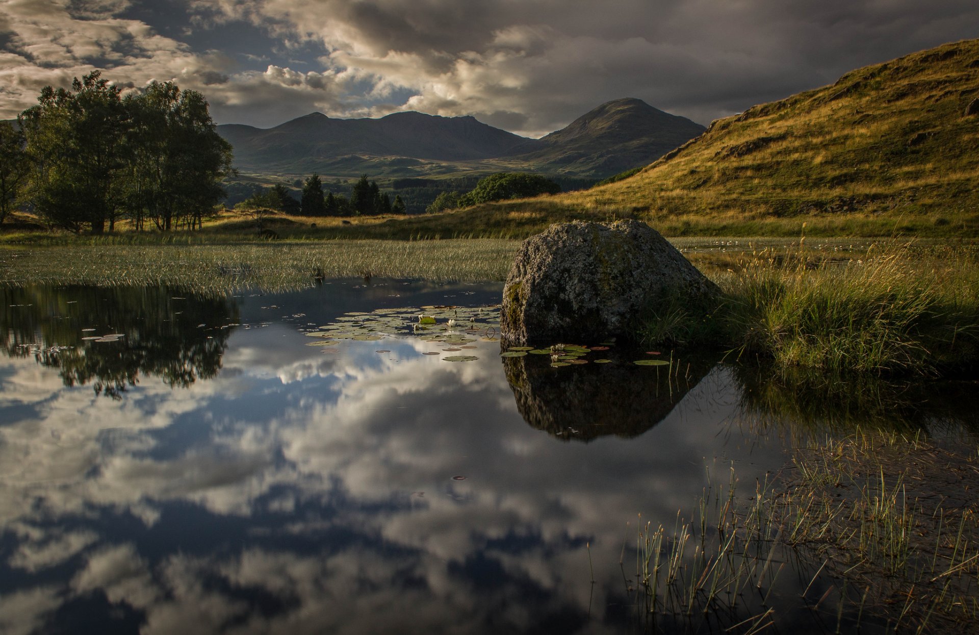 montagnes arbres lac nuages réflexion été