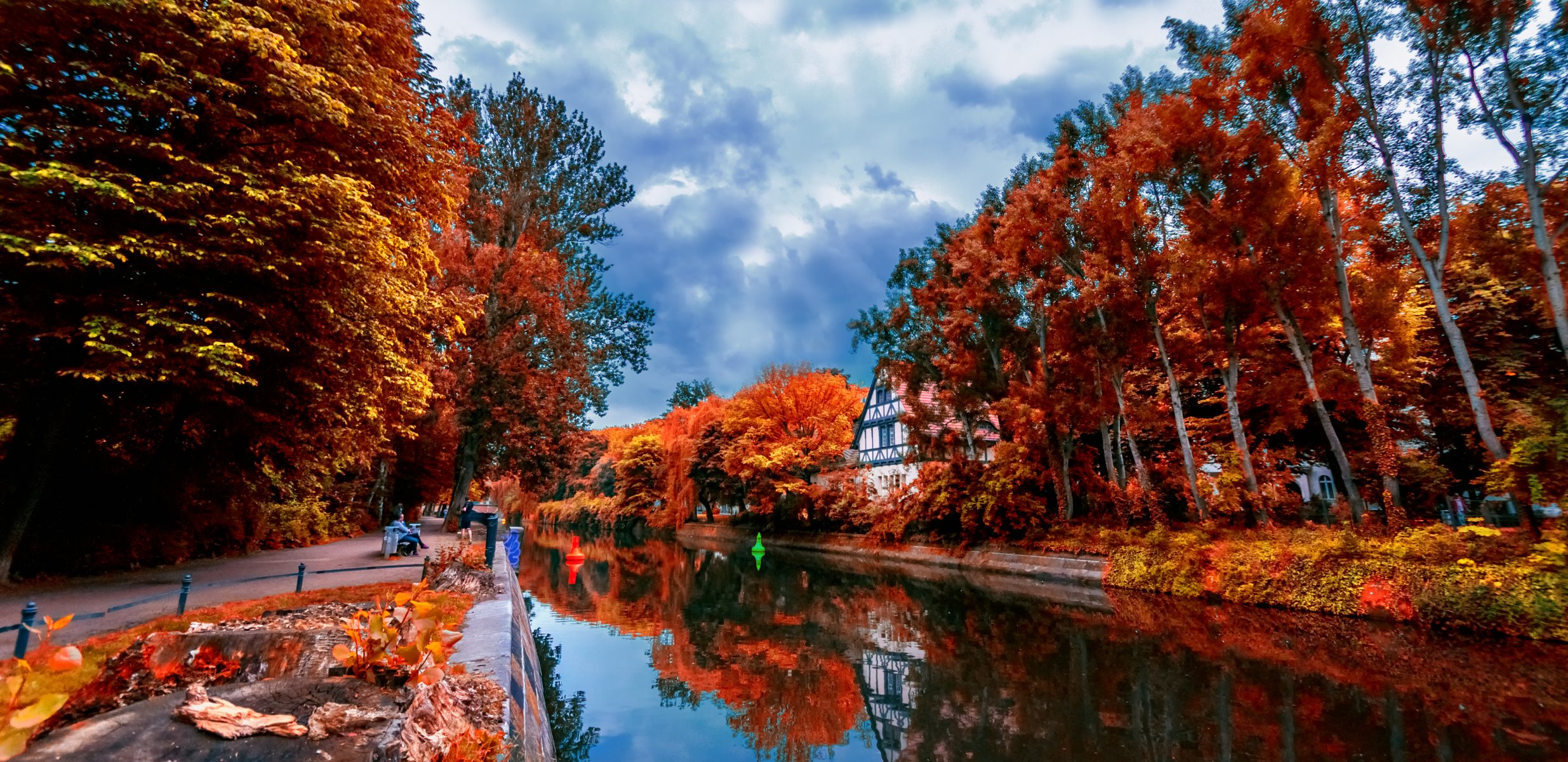 paysage beauté rivière réflexion automne arbres feuilles maison