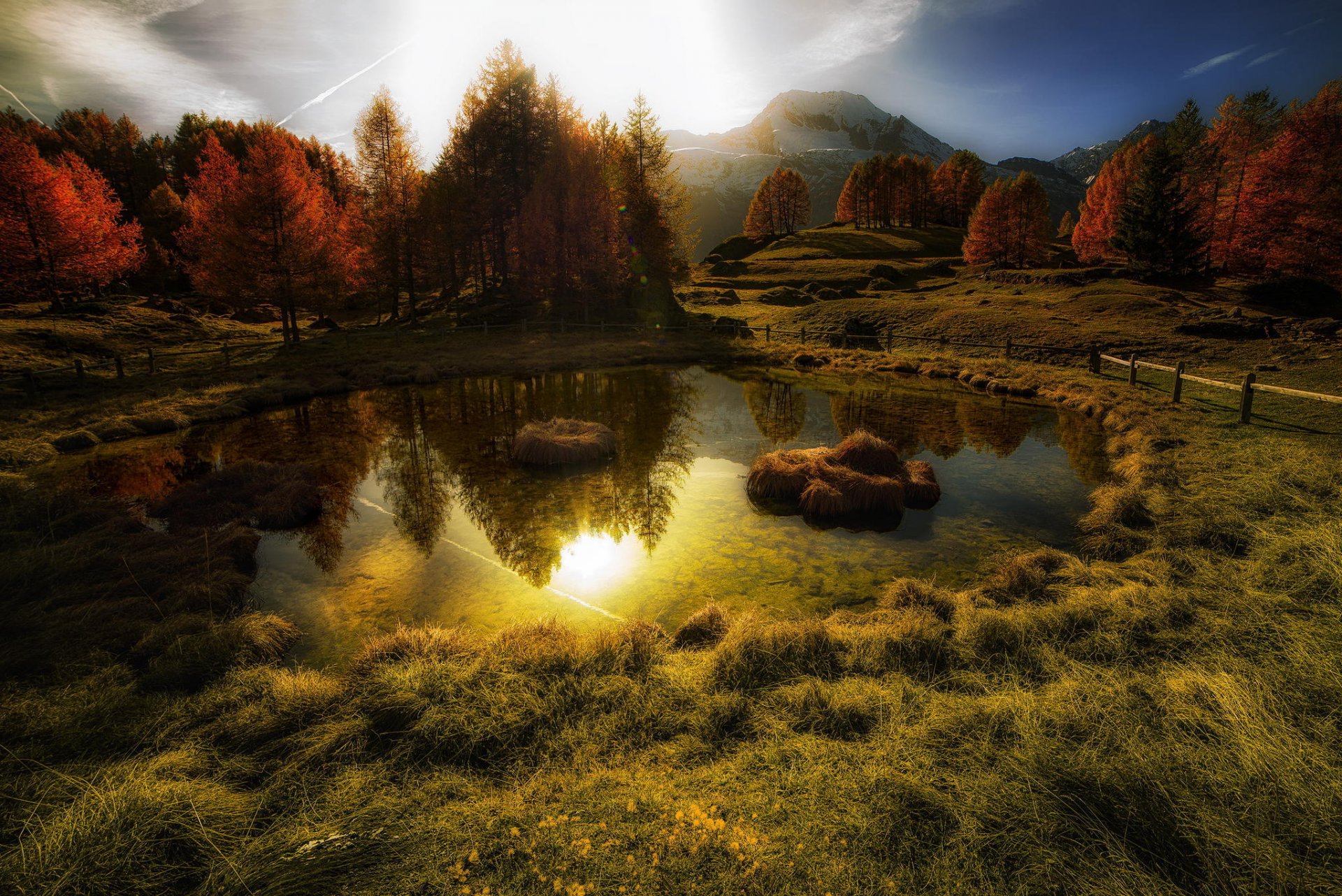 herbst golden bäume berge sonne reflexion