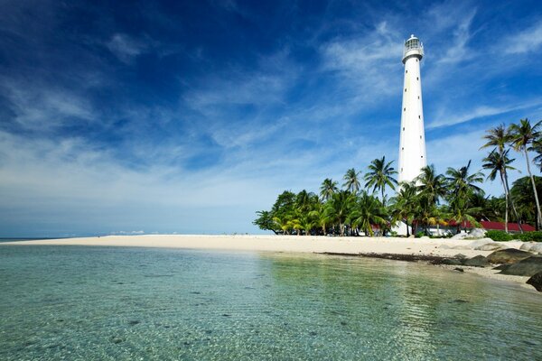 Lighthouse on the coast of the Java Sea surrounded by palm trees