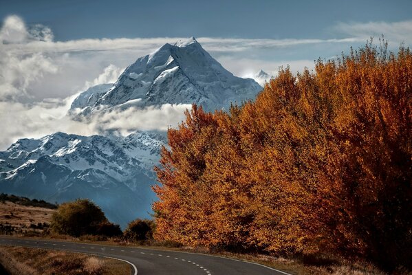 Herbstlaub auf dem Hintergrund der Straße und der Berge in den Wolken