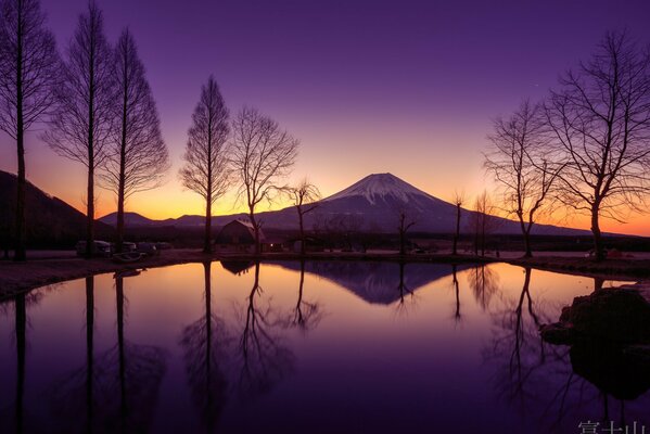 Spring view of Mount Fujiyama at sunrise