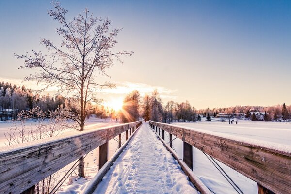 Ponte di legno coperto di neve