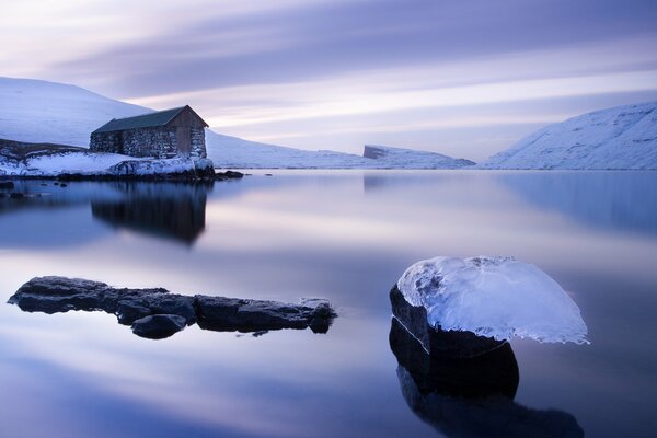 Lilac ice floes on the lake of the Faroe Islands