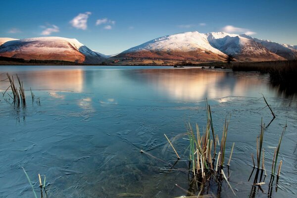 A clear lake among snowy mountains