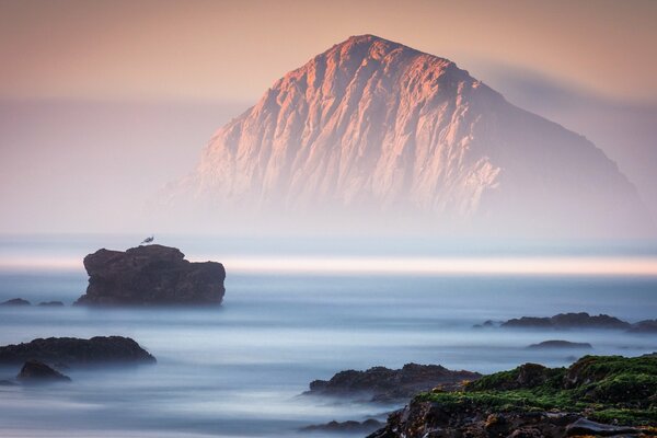 Rocks in the fog against the background of mountains and pink sky