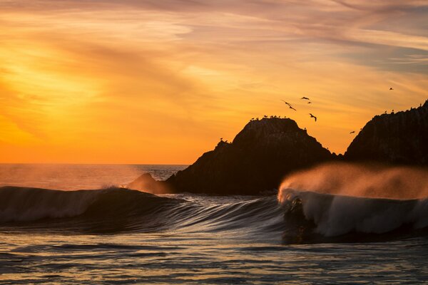 Coucher de soleil et vagues dans l océan