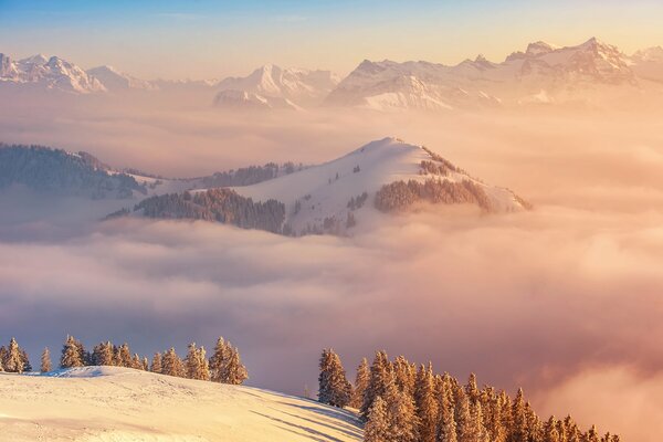 Niebla en las montañas nevadas de Suiza