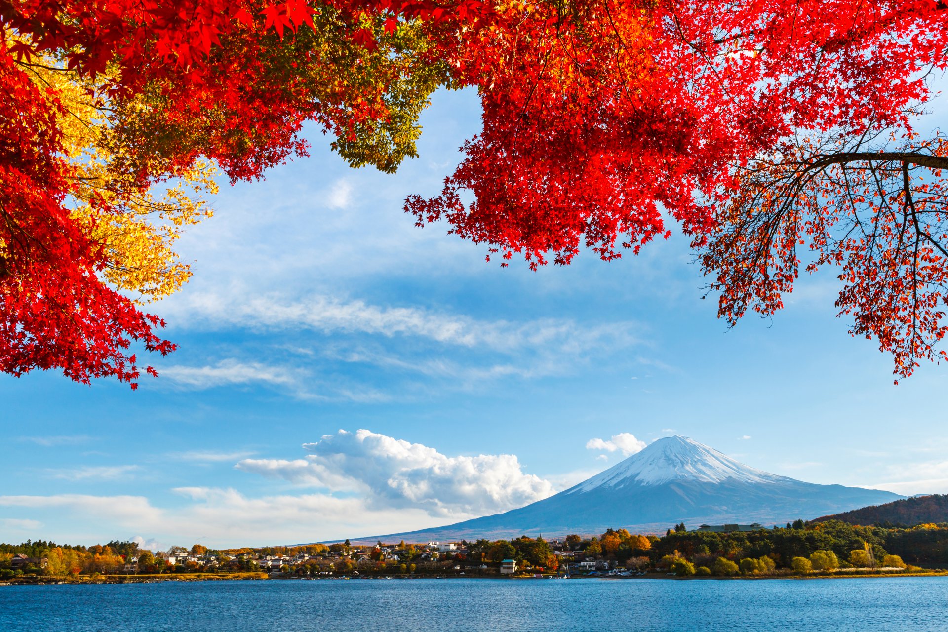 giappone fujiyama cielo nuvole montagna neve foglie autunno lago alberi