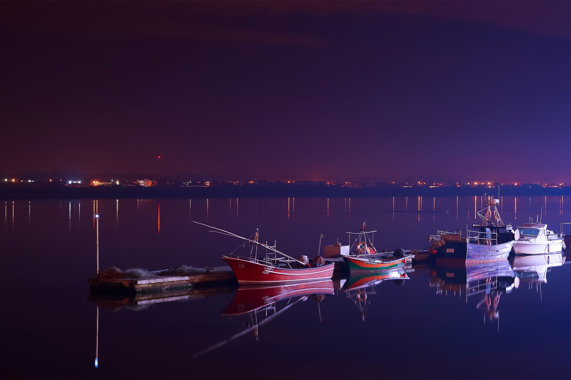 night evening river boats reflections portugal