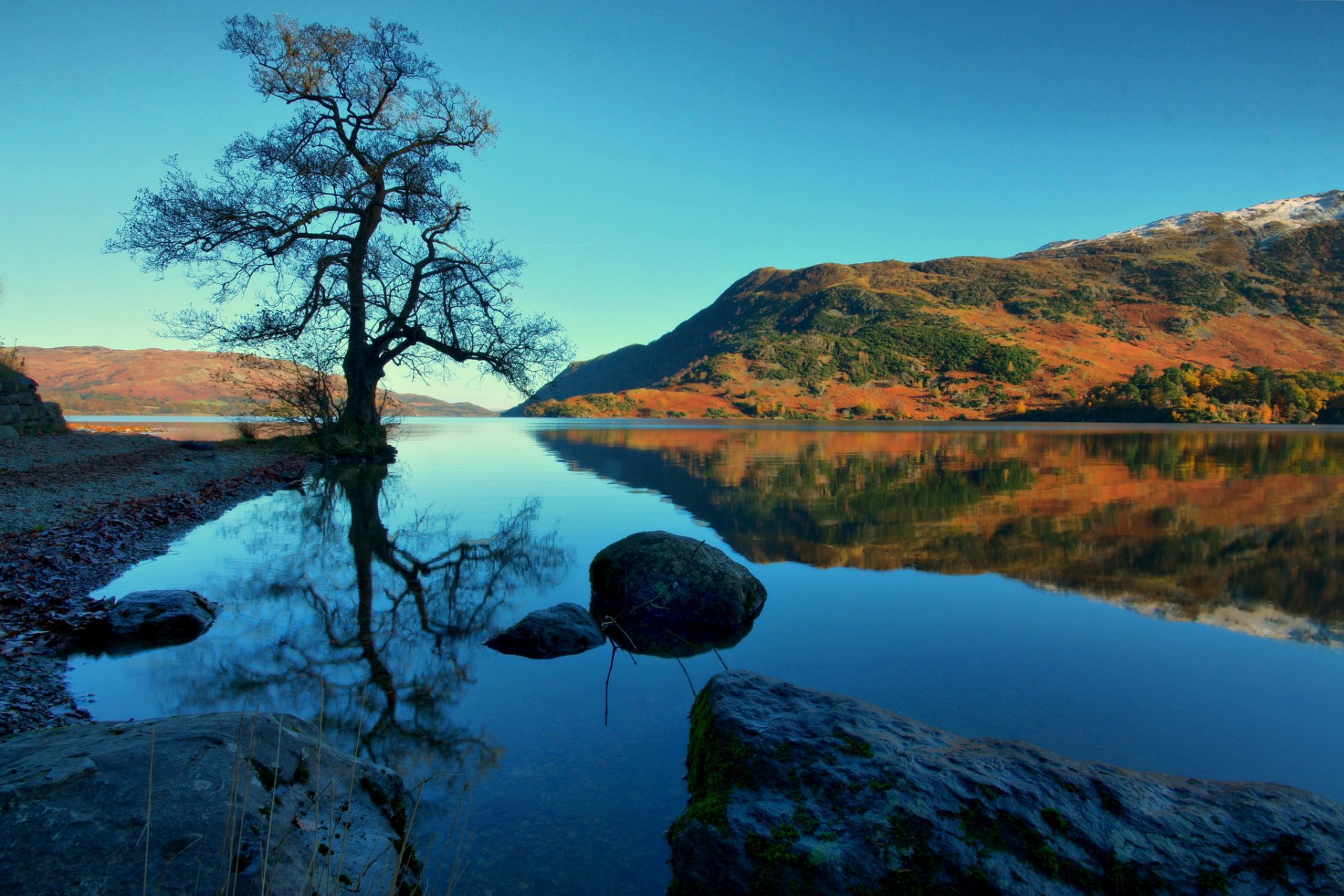 hills lake stones tree